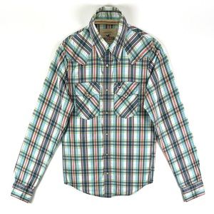 Hollister Co. Blue & Green Plaid Snap Button Up Shirt